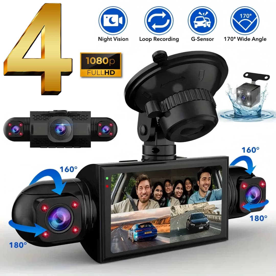 كاميرا سيارة 4 قنوات Full HD 1080P - صندوق أسود - رؤية ليلية - تسجيل مستمر - مع عدة تثبيت