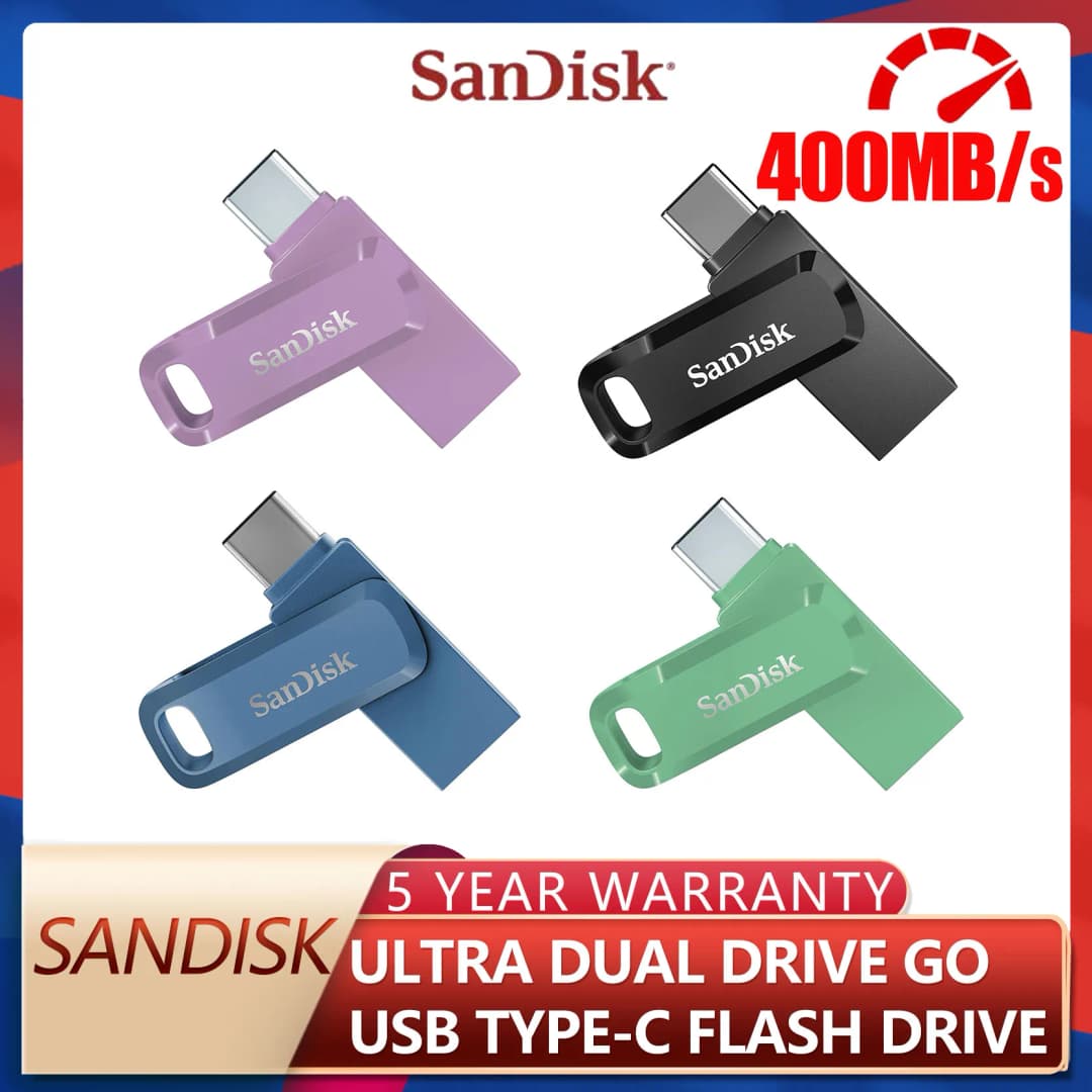 سان ديسك ألترا Dual Drive Go USB Type-C سعة 64 جيجابايت و 128 جيجابايت و 256 جيجابايت و 512 جيجابايت و 1 تيرابايت محرك فلاش عالي السرعة ذاكرة قلم بسرعة تصل إلى 400 ميجابايت/ثانية