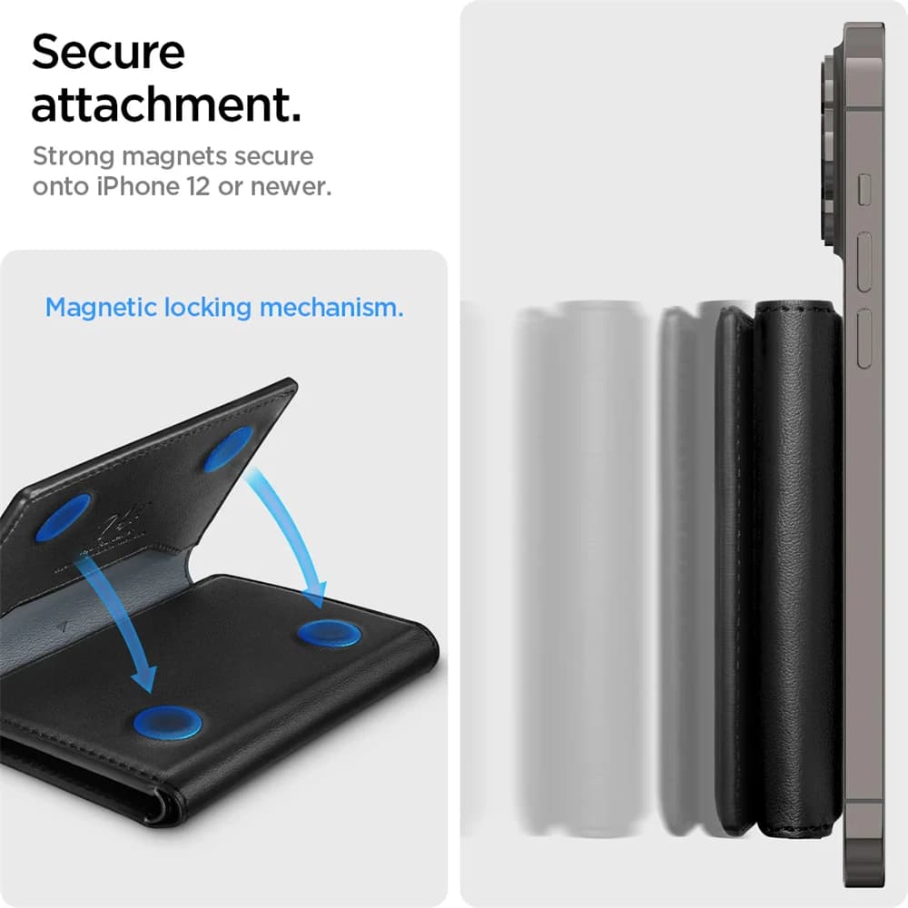 Spigen Magnetic Leather Card Holder Bracket Wallet For iPhone 17 Pro Max 16 15Plus Card Holder Pouch Protective Folding Card Bag - 5