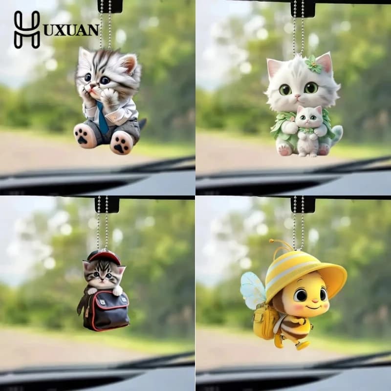قلادة سيارة معلقة لمرآة الرؤية الخلفية على شكل قطط ونحل، زخرفة أكريليك 2D، ديكور داخلي للسيارة، صناعة يدوية، ديكور لحقيبة الظهر