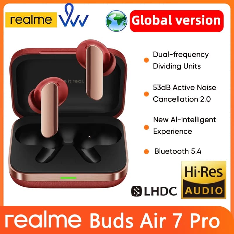 الإصدار العالمي الأصلي realme Buds Air 7 Pro سماعة أذن TWS عزل ضوضاء نشط 53dB LHDC 5.0 بطارية تدوم حتى 48 ساعة