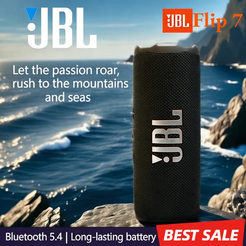 سماعة JBL Flip 7 لاسلكية أصلية مقاومة للماء IP67 تشغيل 16 ساعة صوت معزز بالذكاء الاصطناعي باس عميق قفل دفع محمولة بلوتوث خارجي