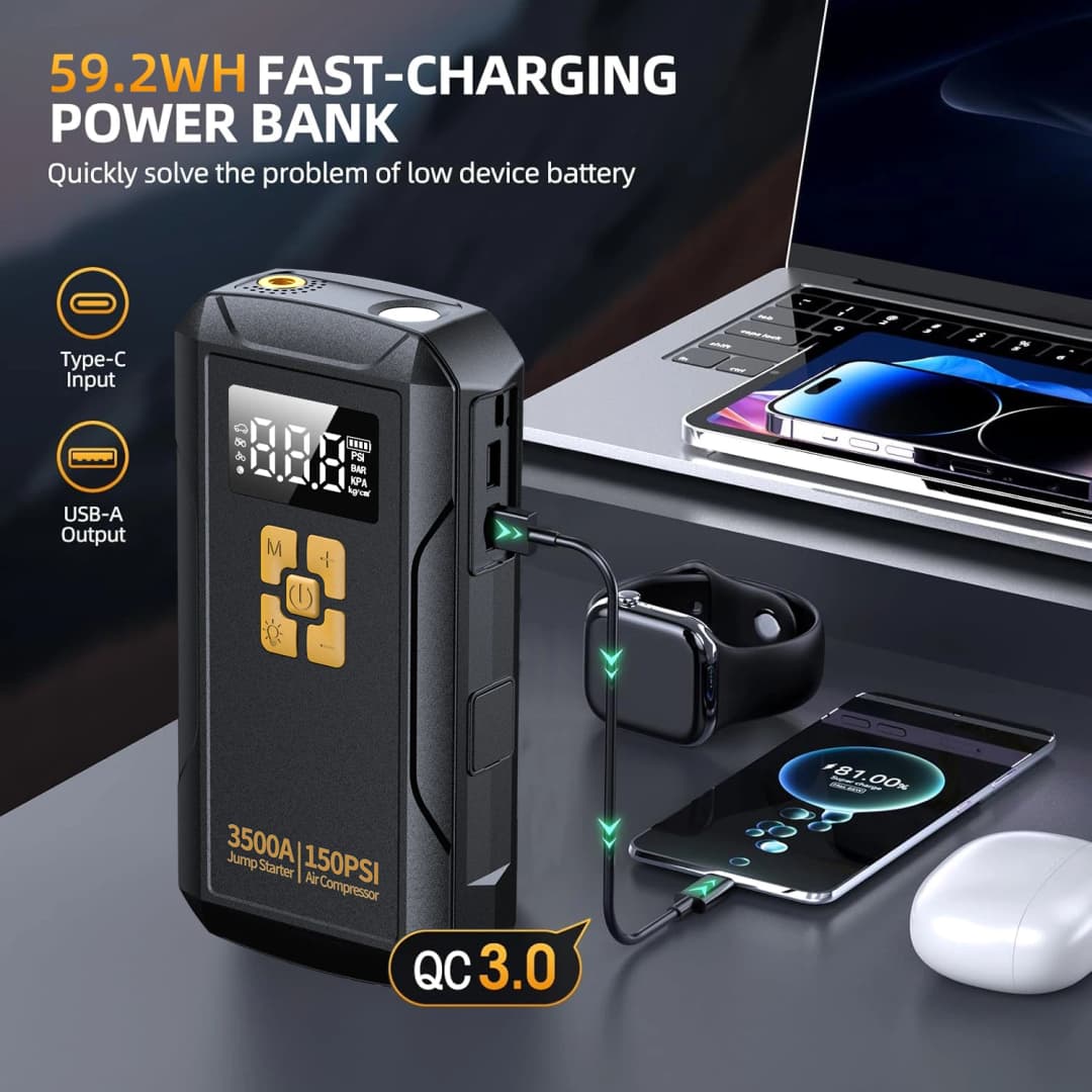 Jump Starter with Air Compressor 3500A Jump Starter 150PSI Air Pump Multifunctional Tire Inflator Power Bank Lighting for Car - 4
