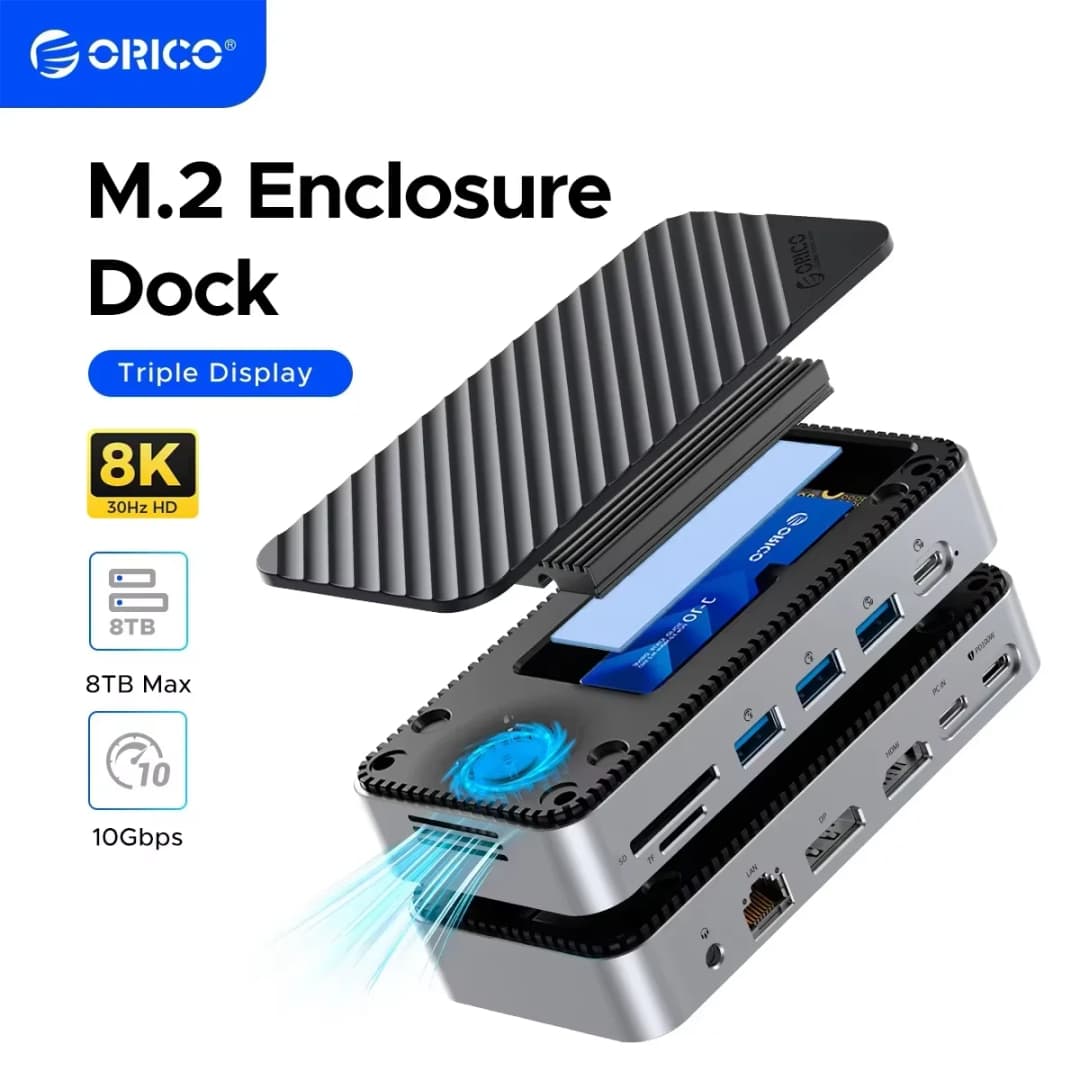 أوريكو يو إس بي سي 12 في 1 محطة إرساء HUB مع مروحة تبريد M.2 NVMe SATA SSD حاوية خارجية 10 جيجابت في الثانية HDMI-Com RJ45 SD/TF M2P11