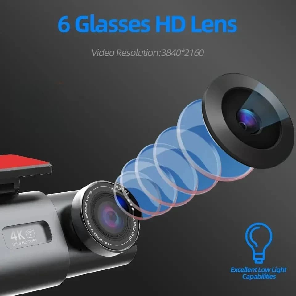 كاميرا سيارة بدقة 4K UHD تسجيل مستمر، تسجيل فيديو برؤية ليلية، واي-فاي مدمج، دعم GPS، مراقبة 24 ساعة - 6