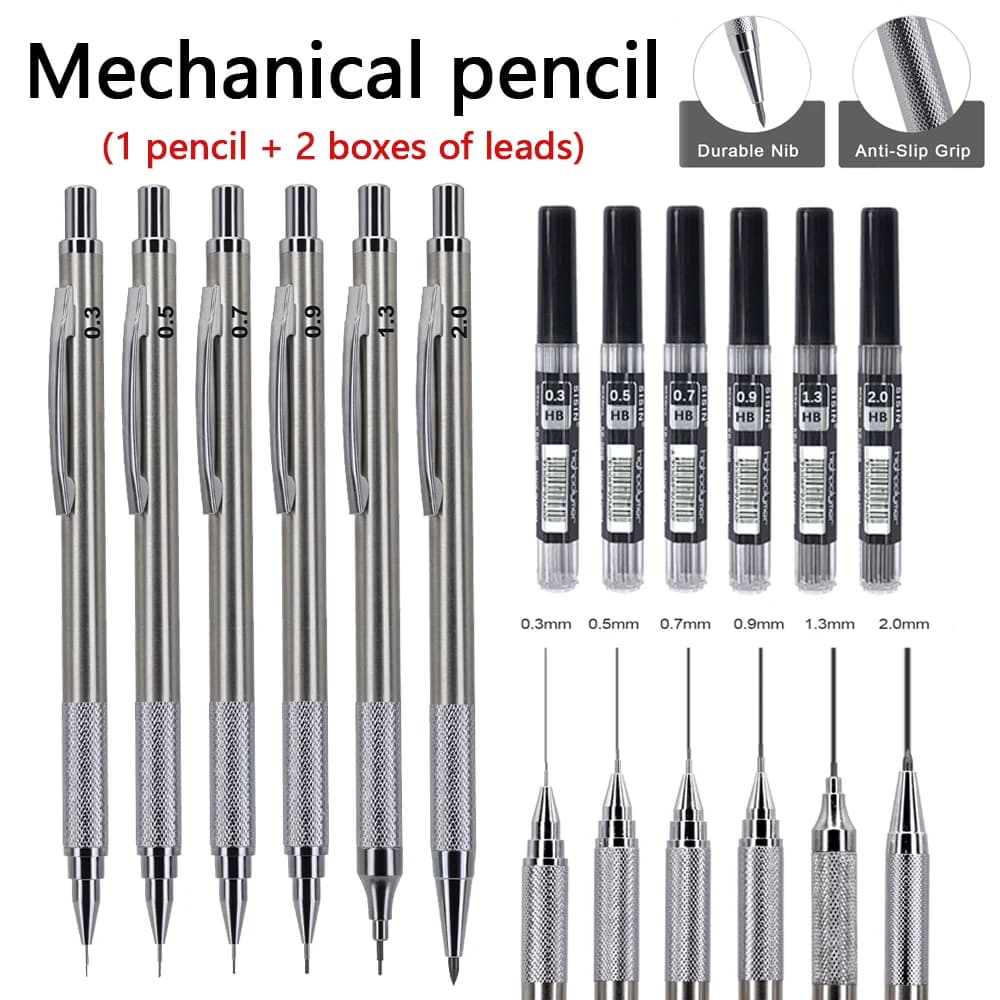 0.3/0.5/0.7/0.9/1.3/2.0mm Mechanical Pencil Set Art Drawing Painting Automatic Pencil with 2box Leads Office School Supply