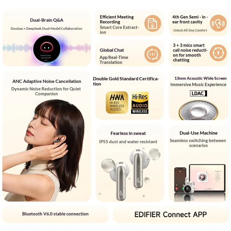 سماعات أذن بلوتوث لاسلكية Edifier Lolli5 Anc مع إلغاء الضوضاء، وشاشة دائرية، وترجمة، متوافقة مع iPhone وHuawei - 2