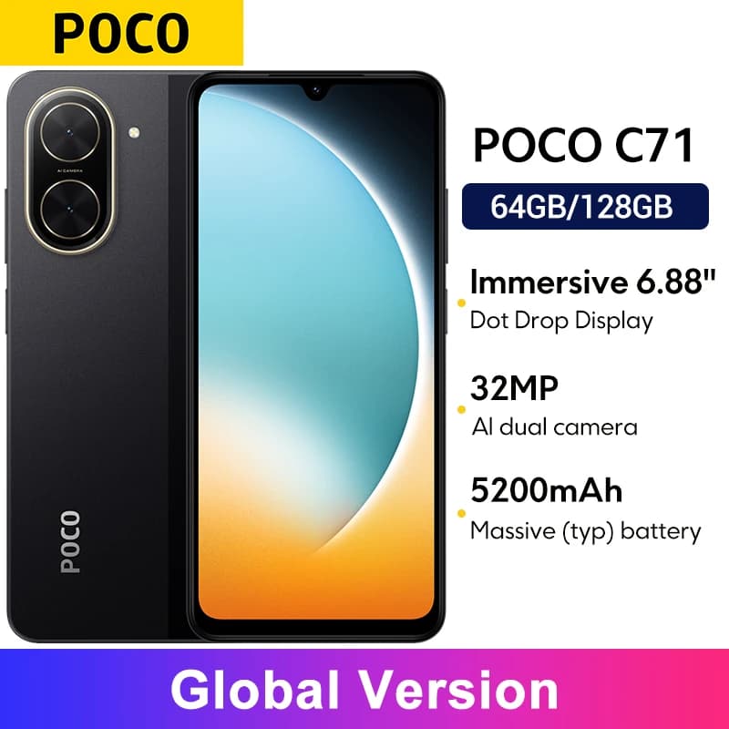 POCO C71 نسخة عالمية معالج UNISOC T7250 كاميرا مزدوجة 32MP AI شاشة غامرة 6.88 بوصة شحن سريع 15W فتح الوجه بالذكاء الاصطناعي