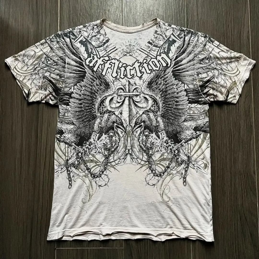 Summer American Men's Gothic Angel Wing Letter Printed Comfortable and Breathable Round Neck T-shirt Outdoor Street Top