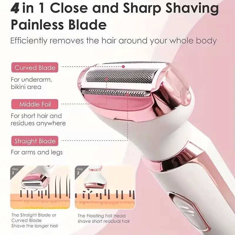 4-in-1 Rechargeable Electric Lady Shaver Set - 500mAh Portable Wet/Dry Trimmer for Face, Nose, Legs & Underarms - 5