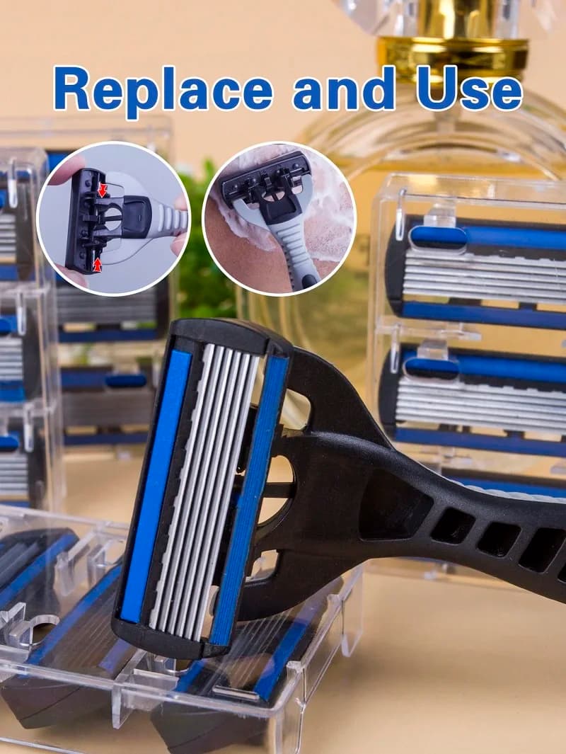 1 مقبض + 12 / 17 شفرة / شفرة حلاقة يدوية آمنة للرجال والنساء، 6 طبقات من الفولاذ المقاوم للصدأ، رأس حلاقة قابل للاستبدال لإزالة الشعر - 2