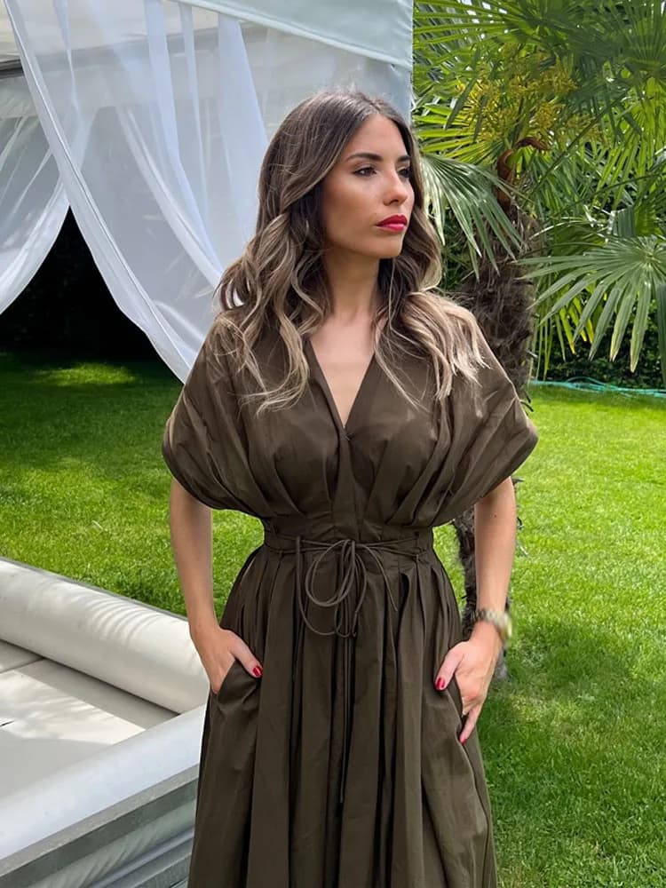 فستان صيفي طويل من HH، رقبة V، أكمام قصيرة، رباط دانتيل، تصميم أنيق وعصري - 3