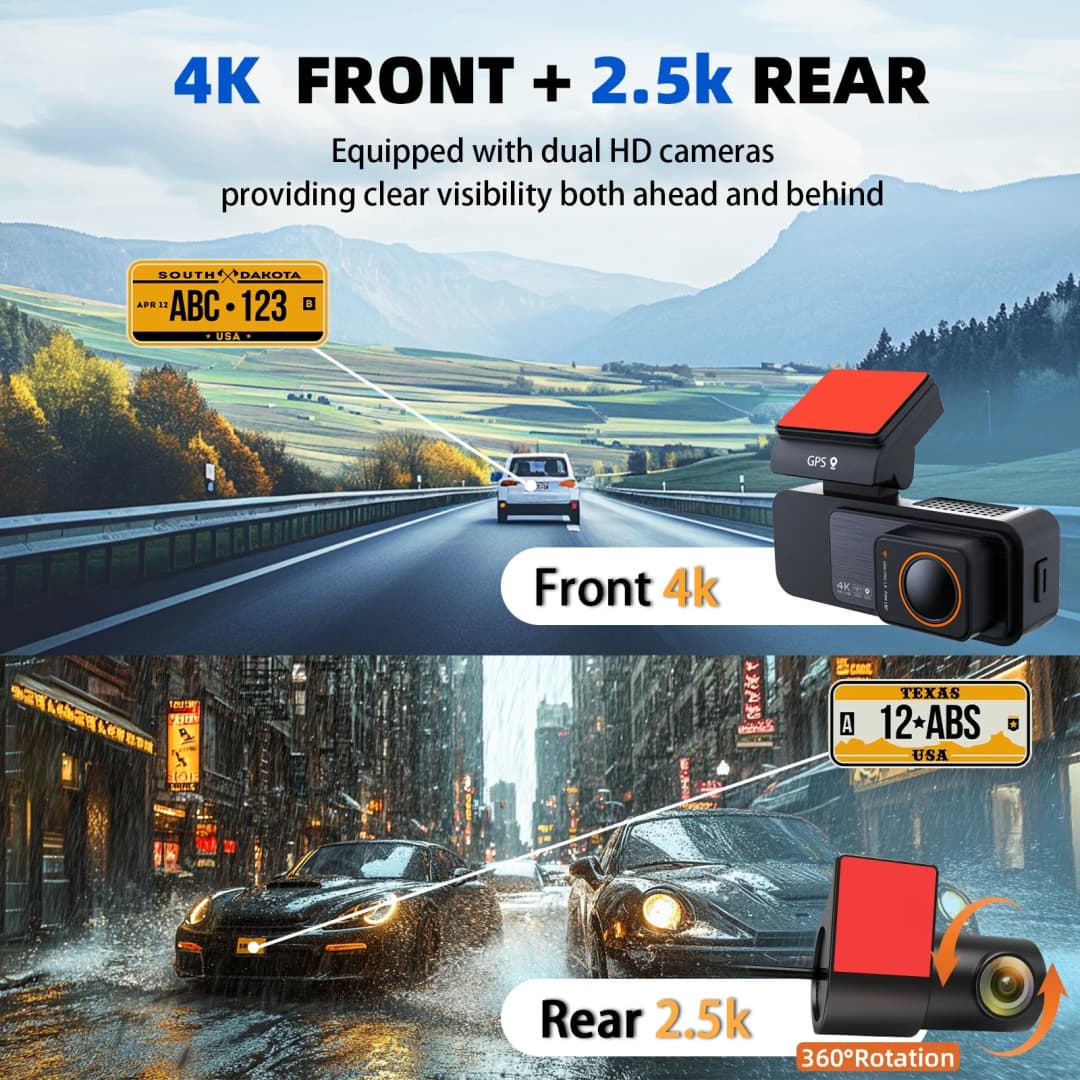 كاميرا داش Aprilboy بدقة 4K، عدسة مزدوجة، تسجيل للرؤية الليلية، واي فاي مدمج، GPS، ومراقبة وقوف السيارات 24 ساعة - 3