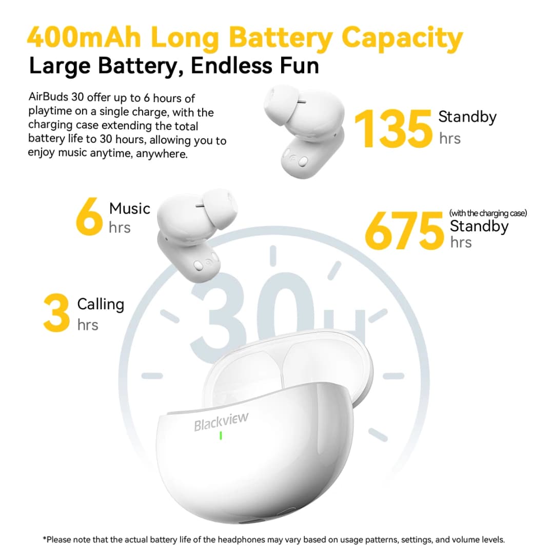 سماعات بلاك فيو إيربودز 30 اللاسلكية TWS، توصيل هوائي للصوت، باس ENC، مع ميكروفون، بطارية 400 مللي أمبير، مقاومة للماء IPX7 - 4