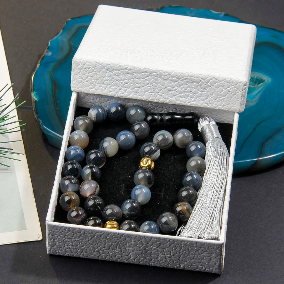 سوار مسبحة حج من حجر العقيق 10 ملم مع قلادة شرابة رائعة، سوار خرز مسلم - 2