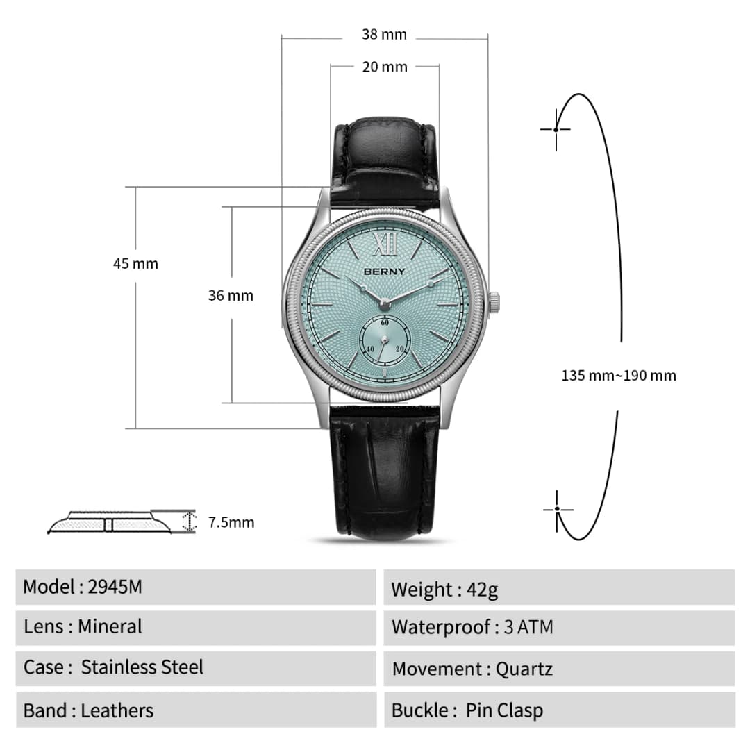 BERNY Men's Watches Ultra-Thin Luxury Classic Stylish Dress Quartz Watch Fashion Elegance Leather Band Wristwatch - 6
