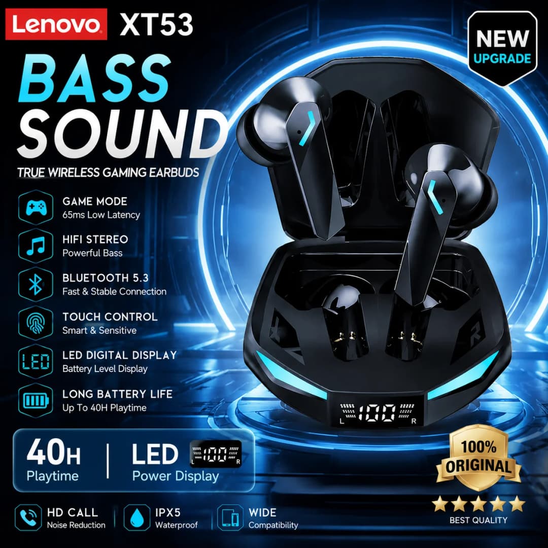 لينوفو XT53 ترقية لاسلكية بلوتوث 5.4 سماعات أذن مقاومة طويلة زمن وصول منخفض سماعة رأس ألعاب عرض رقمي LED سماعات أذن