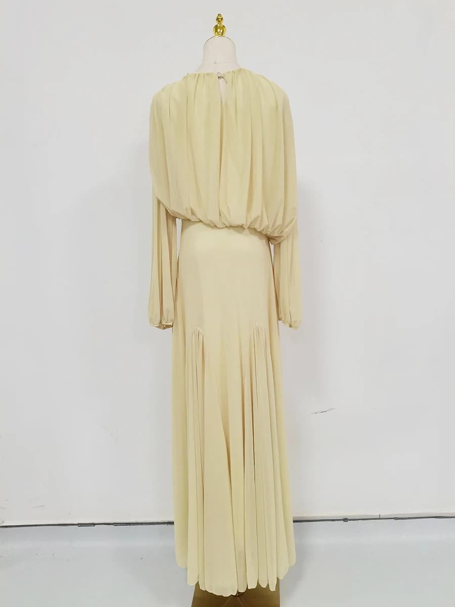 VGH Yellow Dinner Loose Folds Maxi Dresses for Women O Neck Shoulder Pud High Waist Temperament Dress Female Fashion Clothing - 6