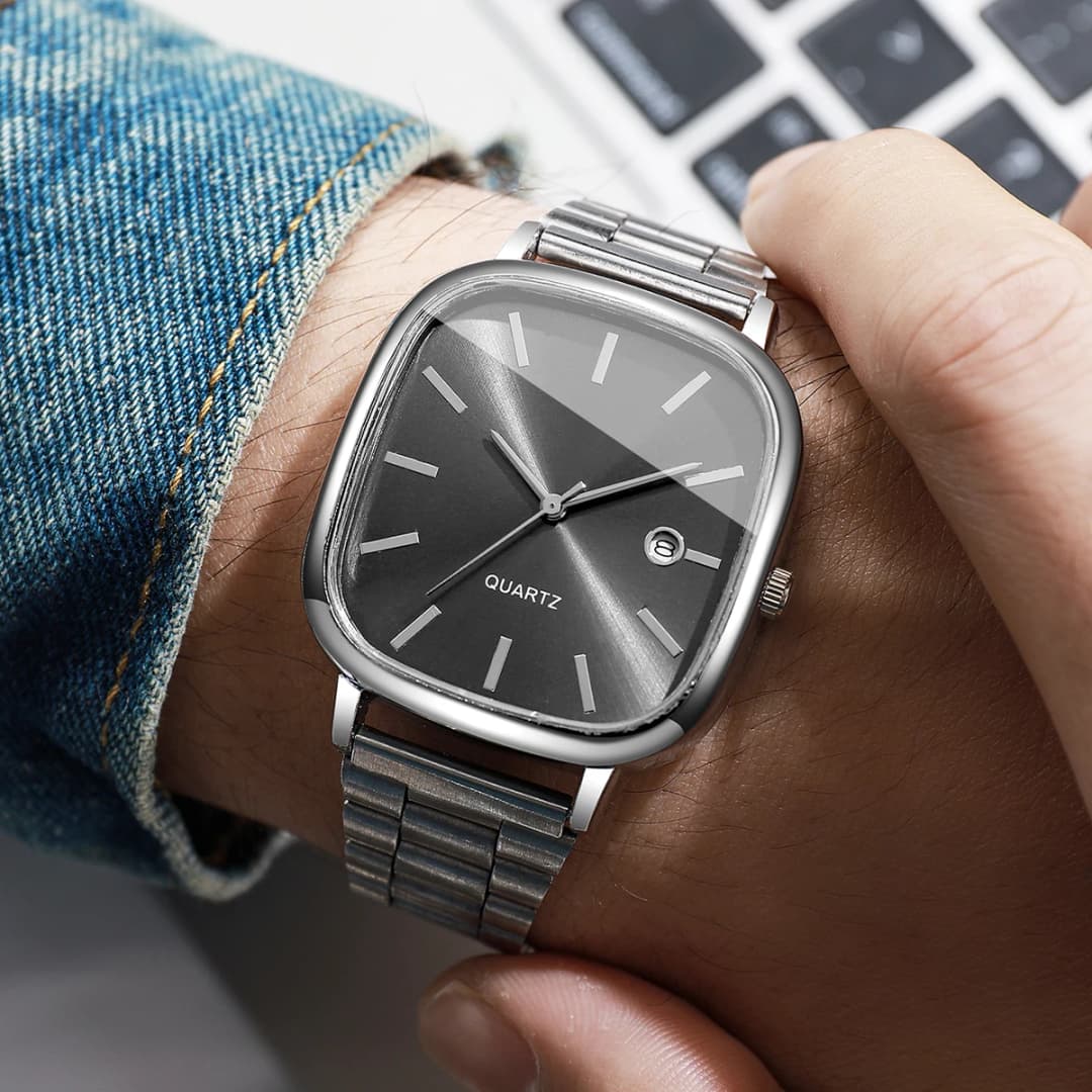 Fashion Square Men Calendar Business Watches Simple Silver Band Mens Quartz Wristwatch Clock Reloj Hombre（Without Box） - 2