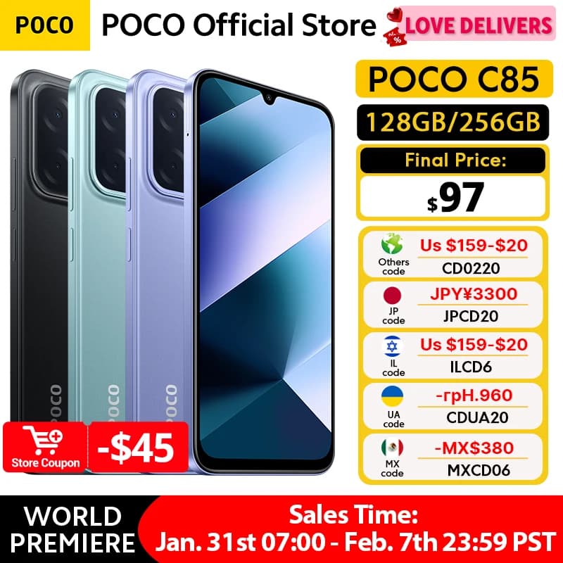 هاتف ذكي POCO C85 إصدار عالمي NFC 128GB 256GB معالج MediaTek Helio G81-Ultra شاشة 6.9 بوصة Dot Drop كاميرا رئيسية 50MP بطارية 6000mAh