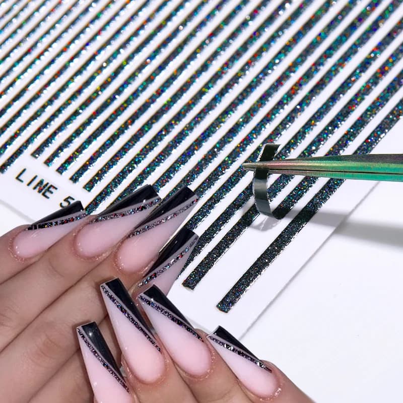 1 ورقة خطوط ثلاثية الأبعاد مسمار ملصقا الهندسة المعادن شريط مسمار الشارات الذهب الأسود تأثير الفرنسية المنزلق مسمار الفن زينة - 2