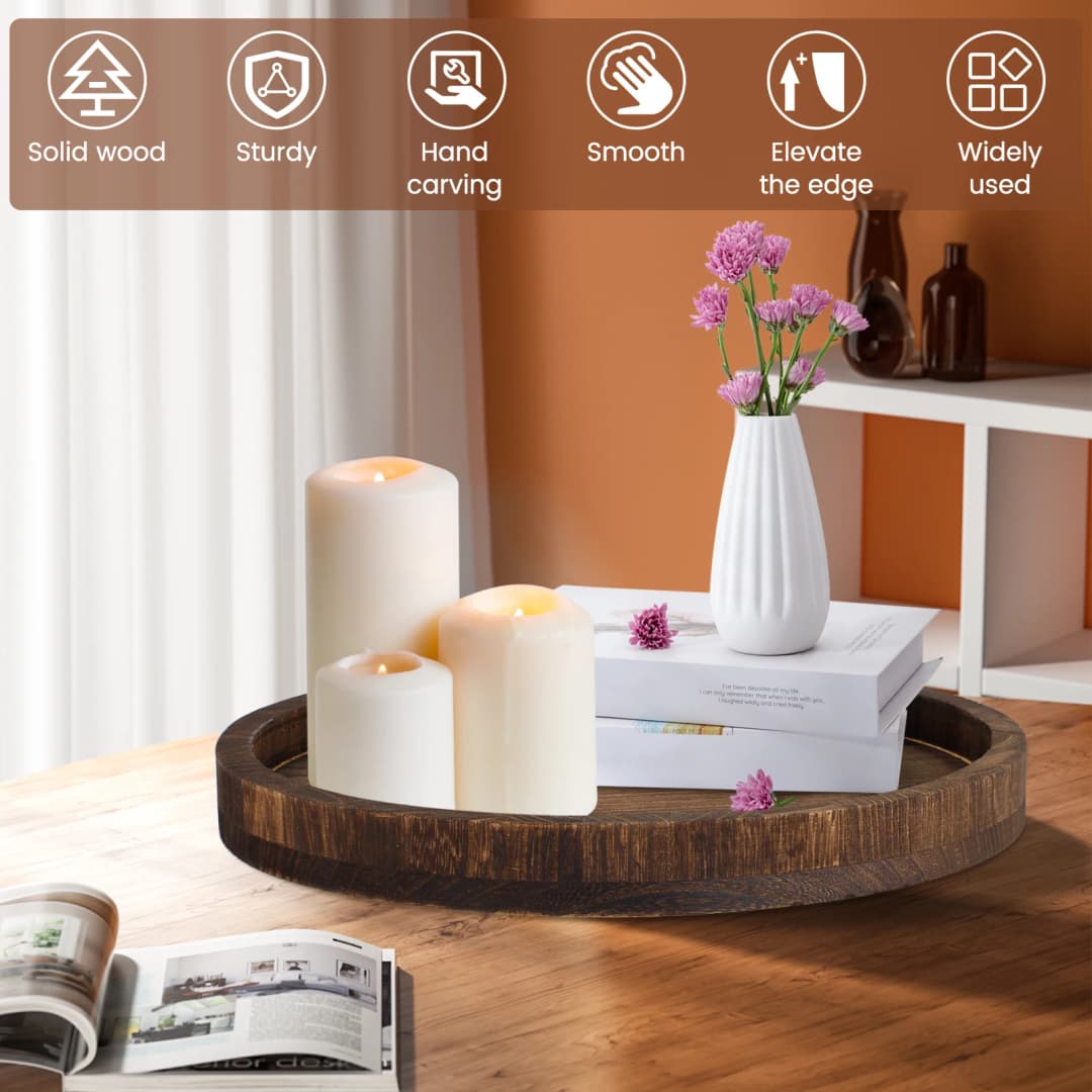 صينية خشبية دائرية بقطر 30 سم، صينية قهوة ووجبات ذات طابع ريترو، صينية تقديم متعددة الاستخدامات لحمل الشموع، ديكور منزلي - 6