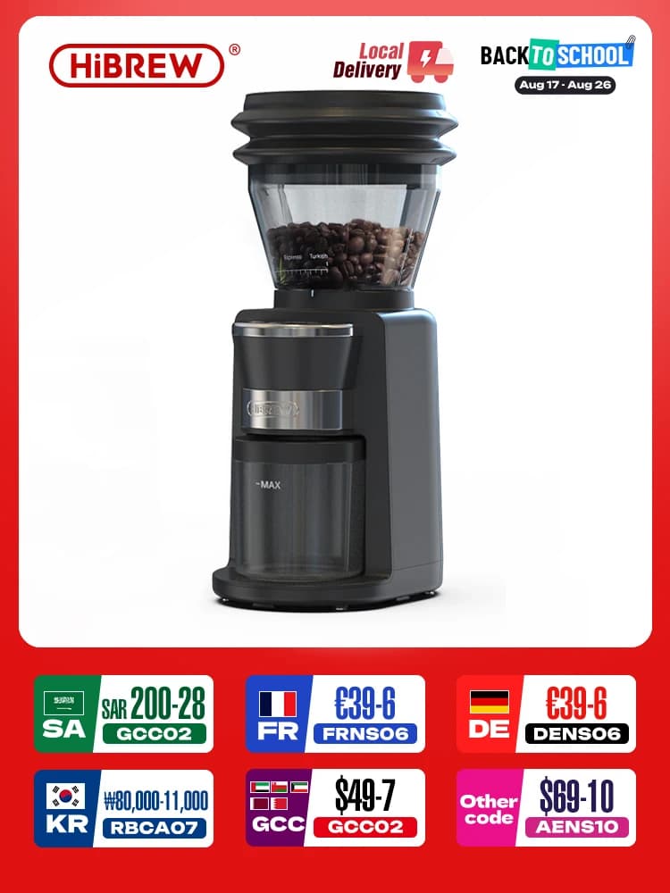 HiBREW Coffee Mill Automatic Electric Coffee Grinder with 31 Gears for Espresso American Coffee Pour Over Visual Bean Storage G3
