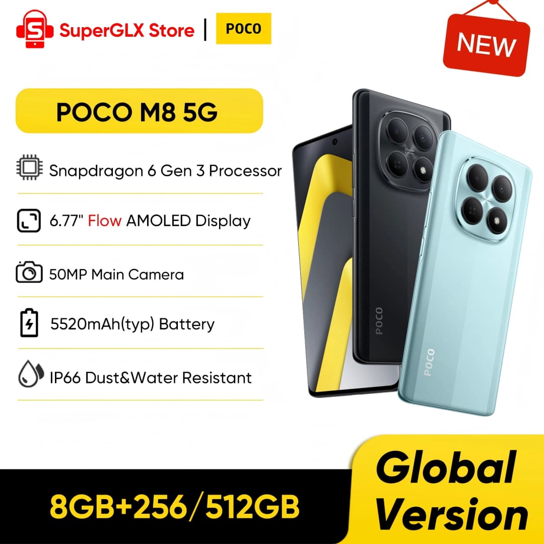 هاتف POCO M8 العالمي الأحدث 2026 بشبكة 5G ومعالج Snapdragon 6 Gen 3 وشاشة Flow AMOLED مقاس 6.77 بوصة وكاميرا 50 ميجابكسل وبطارية 5520 مللي أمبير وشحن 45 واط