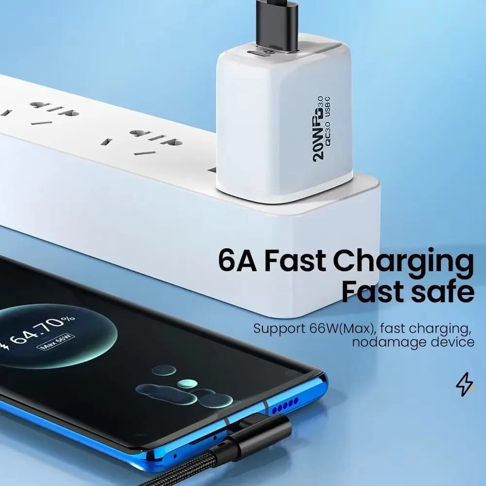 كابل USB C بزاوية 90 درجة بقوة 66 واط و6 أمبير، كابل شحن سريع لاجهزة شاومي وأونور وهواوي وون بلس وريال مي، كابل بيانات من النايلون - 6