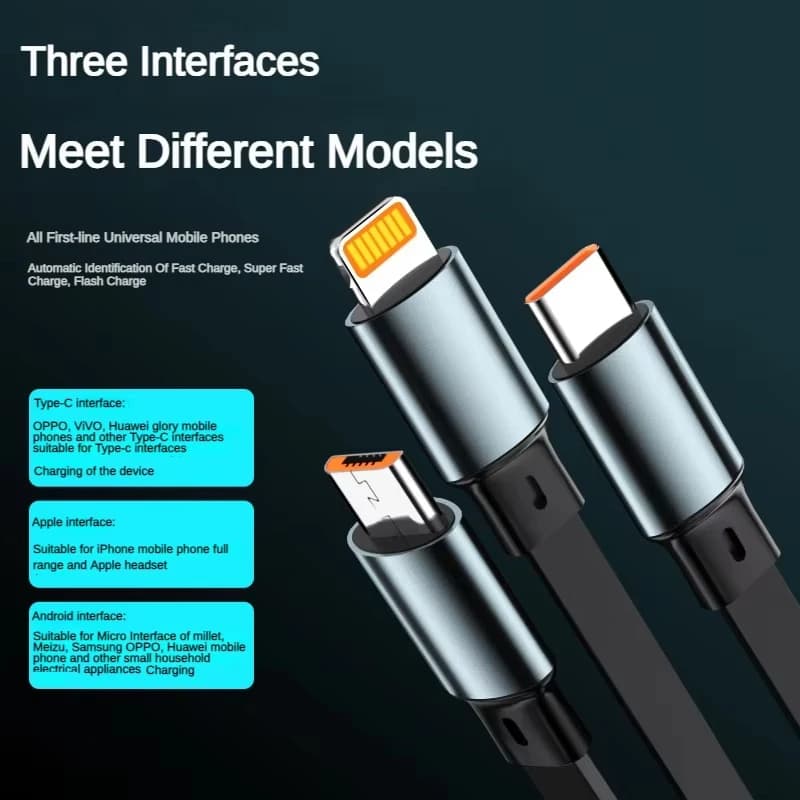 3 in 1 Retractable USB 100W Cable Fast Charging Micro USB 5A Type-C Android Suitable for iPhone Xiaomi Huawei Samsung Charging - 4
