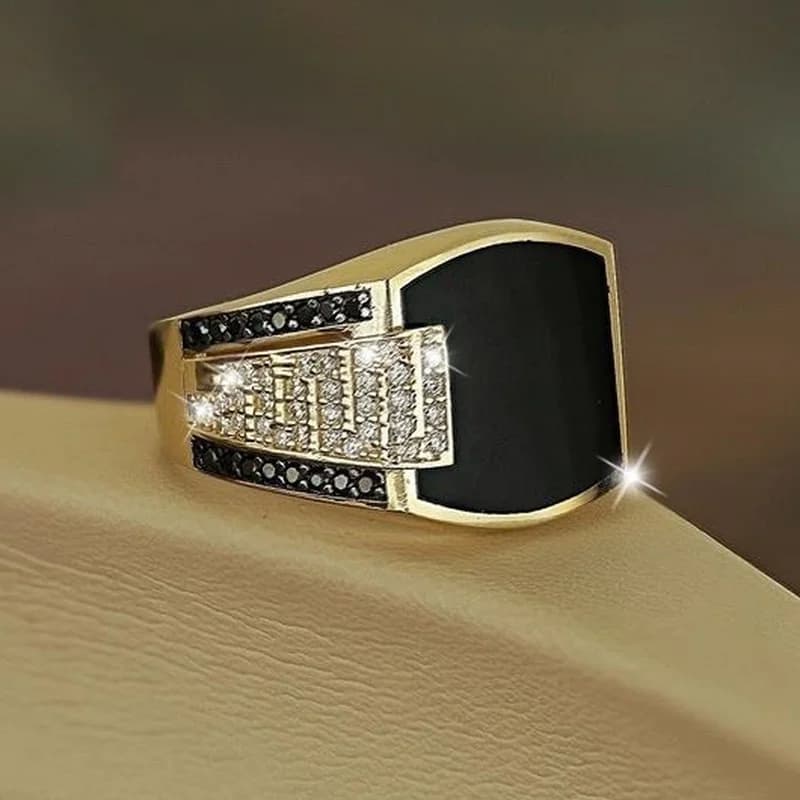 Classic Men's Ring Fashion Metal Gold Color Inlaid Black Stone Zircon Punk Rings for Men Engagement Wedding Luxury  Jewelry - 6