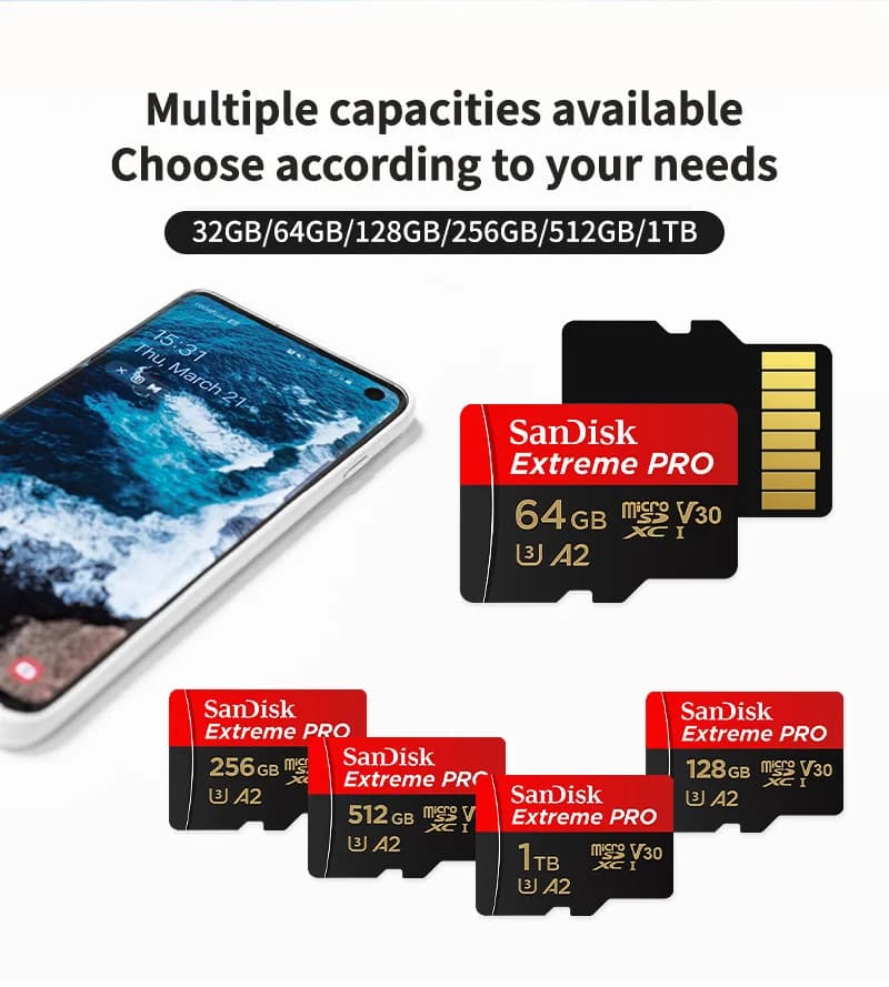 بطاقة ذاكرة SanDisk 32 جيجابايت MicroSDHC وبطاقة 64 جيجابايت MicroSDXC UHS-I وسعات 64 جيجابايت و128 جيجابايت و256 جيجابايت U3 C10 V30 A2 4K بطاقة TF فلاش لجهاز DJI - 6