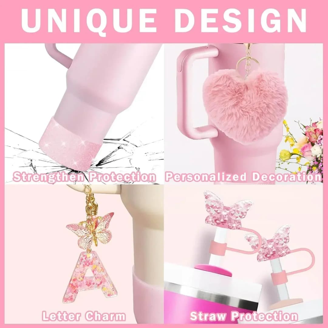 مجموعة اكسسوارات مكونة من 9 قطع لكأس Stanley، غطاء فراشة، غطاء سيليكون، ملصقات، سدادة مضادة للانسكاب - 2