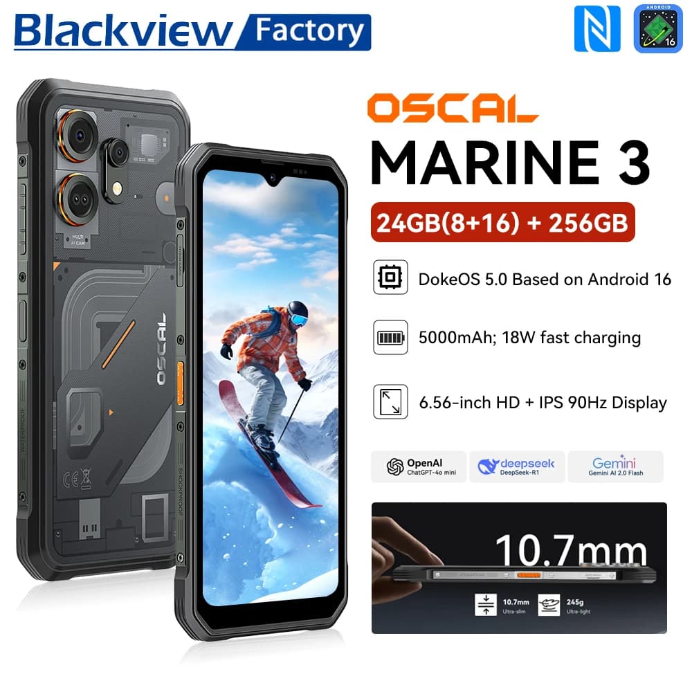 Global version Blackview OSCAL Marine 3 Rugged Smartphone Android 16 6.56" HD+IPS Display 24GB(8GB+16GB)+256GB NFC Mobile Phone