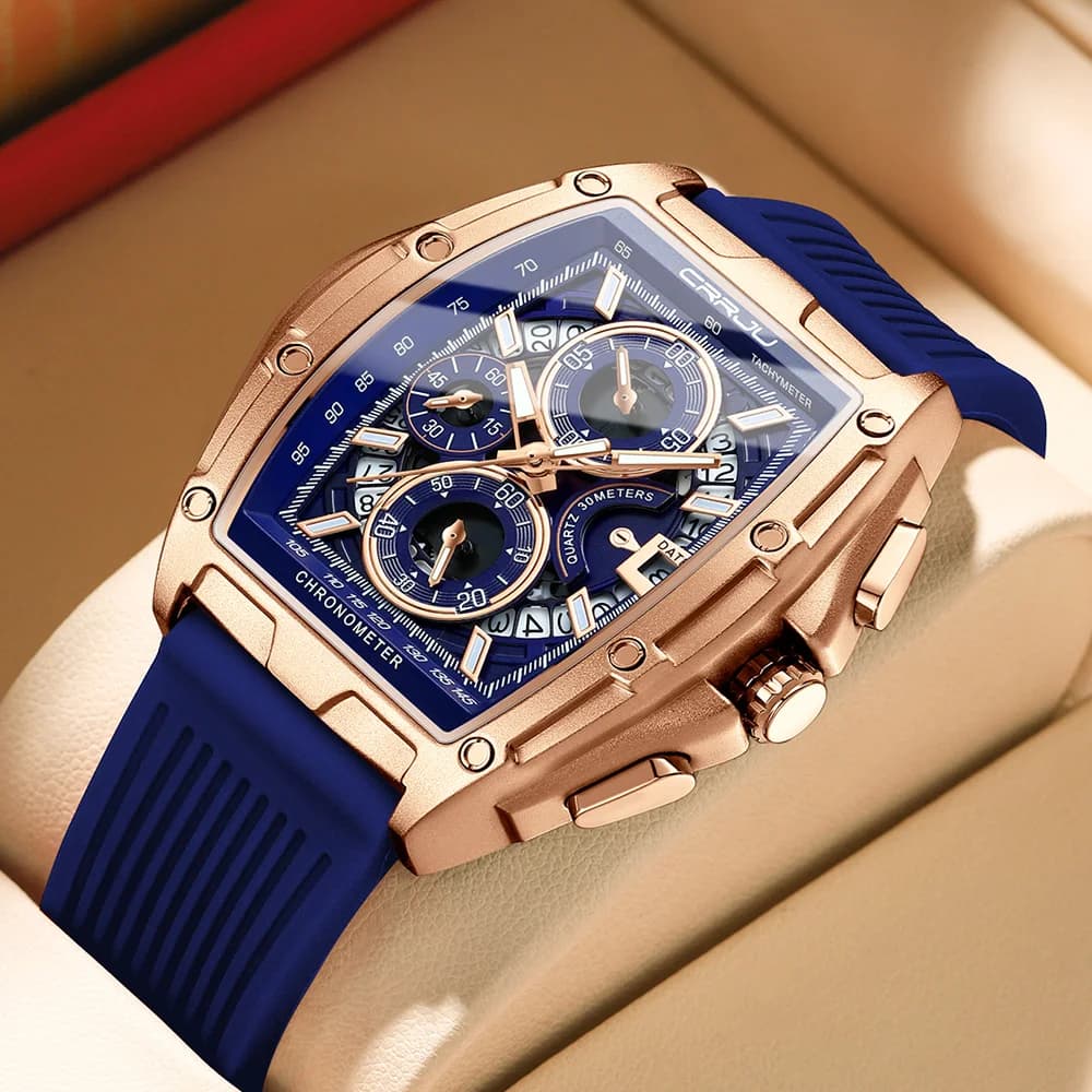 ساعات CRRJU رجالي فاخرة ساعة يد كوارتز مربعة مقاومة للماء كرونوغراف مضيء ساعة تاريخ للرجال