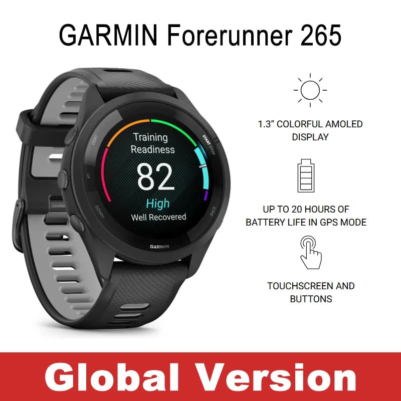 ساعة Garmin Forerunner 265 الذكية للجري مع نظام GPS مدمج وعمر بطارية يصل إلى 13 يومًا وشاشة AMOLED مقاس 1.3 بوصة وتتبع النوم واللياقة البدنية