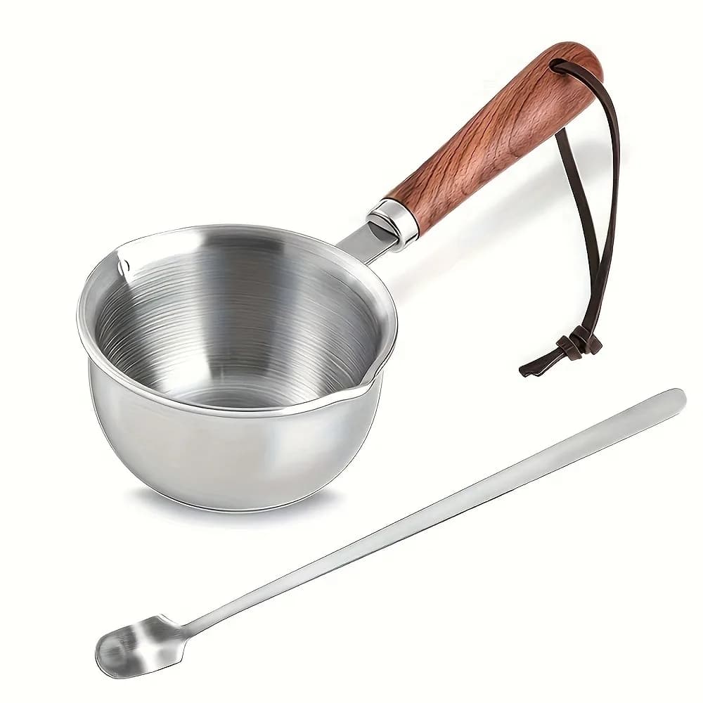 10oz Stainless Steel Pot with Wooden Handle - Dishwasher Safe for Cooking, Candle Wax Melting & DIY Crafts - 2
