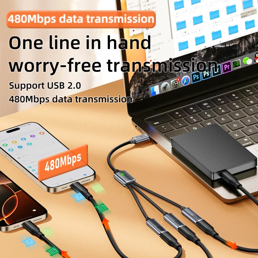 كابل توسيع 3 في 1، موزع USB A وType C، محول OTG، شحن سريع، مزامنة بيانات للهاتف والجهاز اللوحي - 4