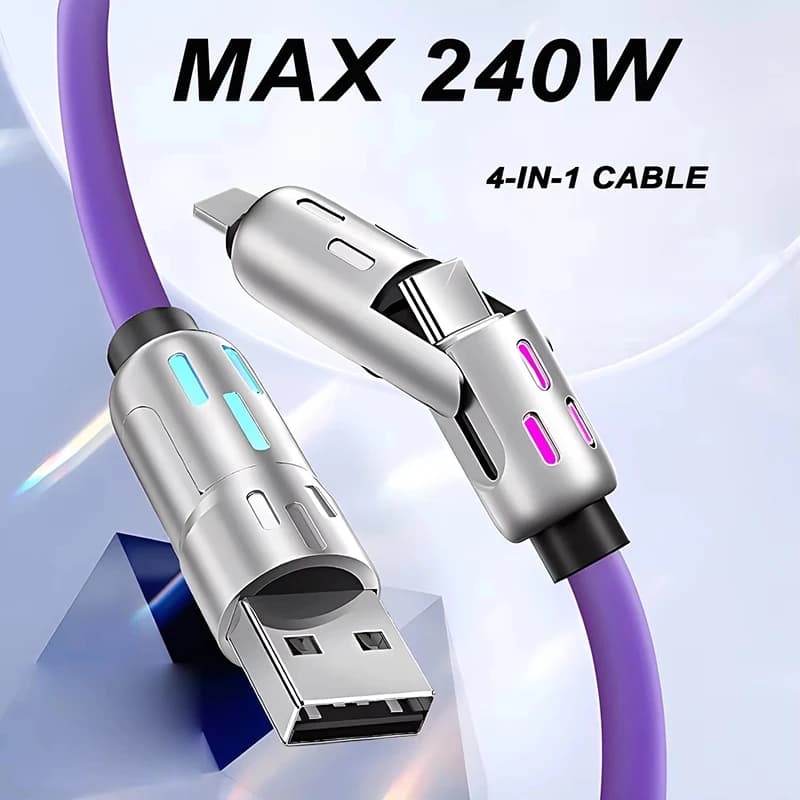 New 4 in 1 Multi Connectors Charger Rotating Elbow USB to Type-C Mobile Phone 240W Fast Charging Silicone Cable Data Transfer - 2