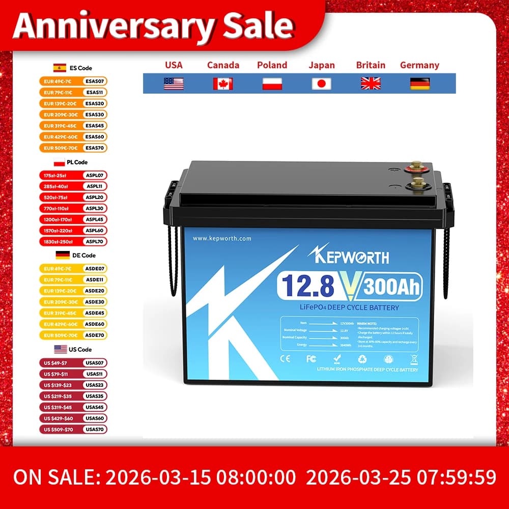بطارية KEPWORTH 12V، 180Ah/300Ah، فوسفات الحديد الليثيوم، مع نظام إدارة بطارية محسن، 6000 دورة، مناسبة لسيارات RV وعربات الجولف والطرق الوعرة والخارجية