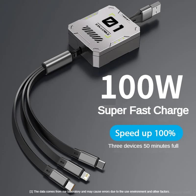 3 in 1 Multi Retractable USB Phone 100W Fast Charging and Data Cable for Lightning/Android/Type-C Devices