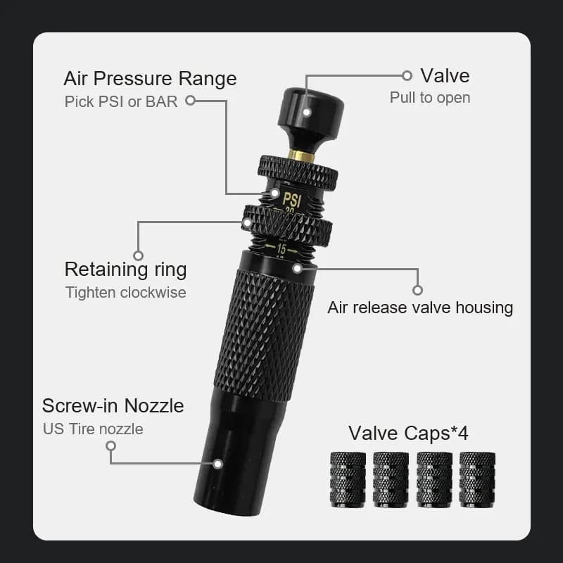 مجموعة صمام منفاخ إطارات قابل للتعديل مع توقف تلقائي (10-30 رطل) أداة هواء للإطارات للسيارات والدراجات النارية والطرق الوعرة 4x4 - 3