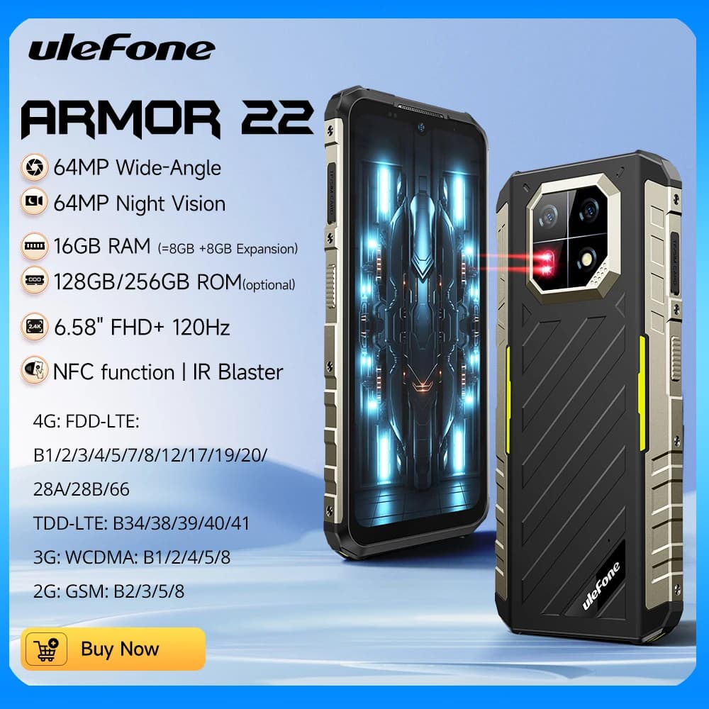 هاتف Ulefone Armor 22 المتين، 16 جيجابايت (8 جيجابايت + 8 جيجابايت) رام، 128 جيجابايت/256 جيجابايت روم، أندرويد 14، NFC، كاميرا 64 ميجابكسل للرؤية الليلية، هاتف محمول 4G