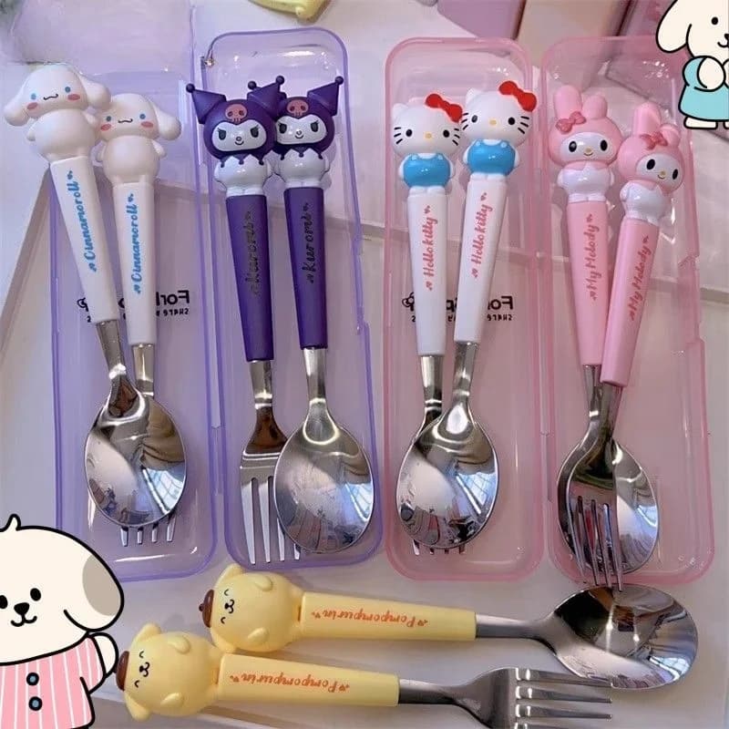 New Kuromi Hello Kitty Cinnamoroll Spoon Fork 2 Pcs Set Stainless Steel Cartoon Cute Kid Tableware Kitchen Supplies Gift