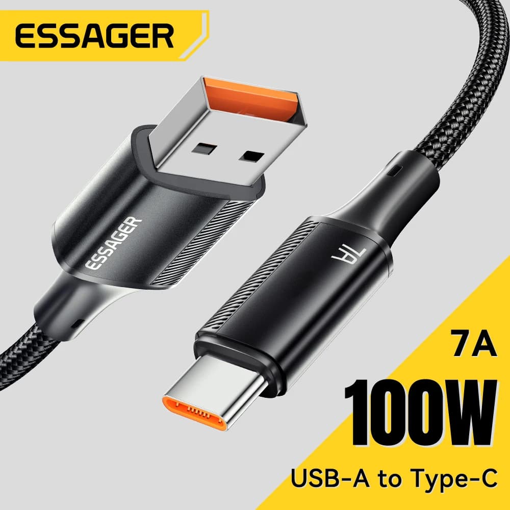 كابل Essager 7A USB Type C لهواتف Realme Huawei P40 Pro شحن سريع 100W سلك شاحن USB-C لنقل البيانات لهواتف سامسونج شاومي Poco F3