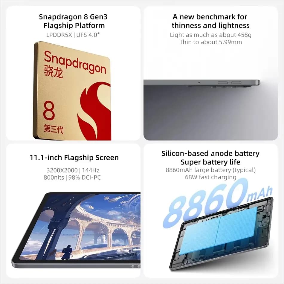 جهاز لوحي Lenovo Xiaoxin Pad Pro GT 2025، ذاكرة 128/256 جيجابايت، معالج Snapdragon 8 Gen3، شاشة 11.1 بوصة بمعدل تحديث 144 هرتز ودقة 3.2K، كاميرا 13 ميجابكسل، شحن 68 واط، بطارية 8860 مللي أمبير - 2