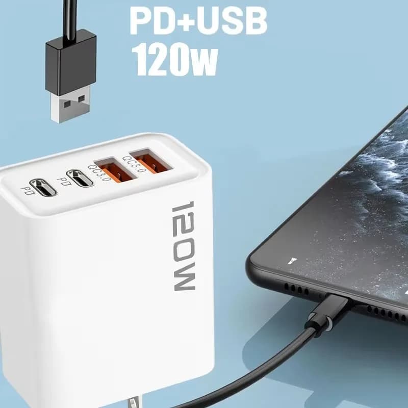 120 واط 4 منافذ USB نوع C شاحن شحن سريع كابل بيانات USB مهايئ شاحن الهاتف لسامسونج آيفون Xiaomi هواوي شاحن الجدار - 5