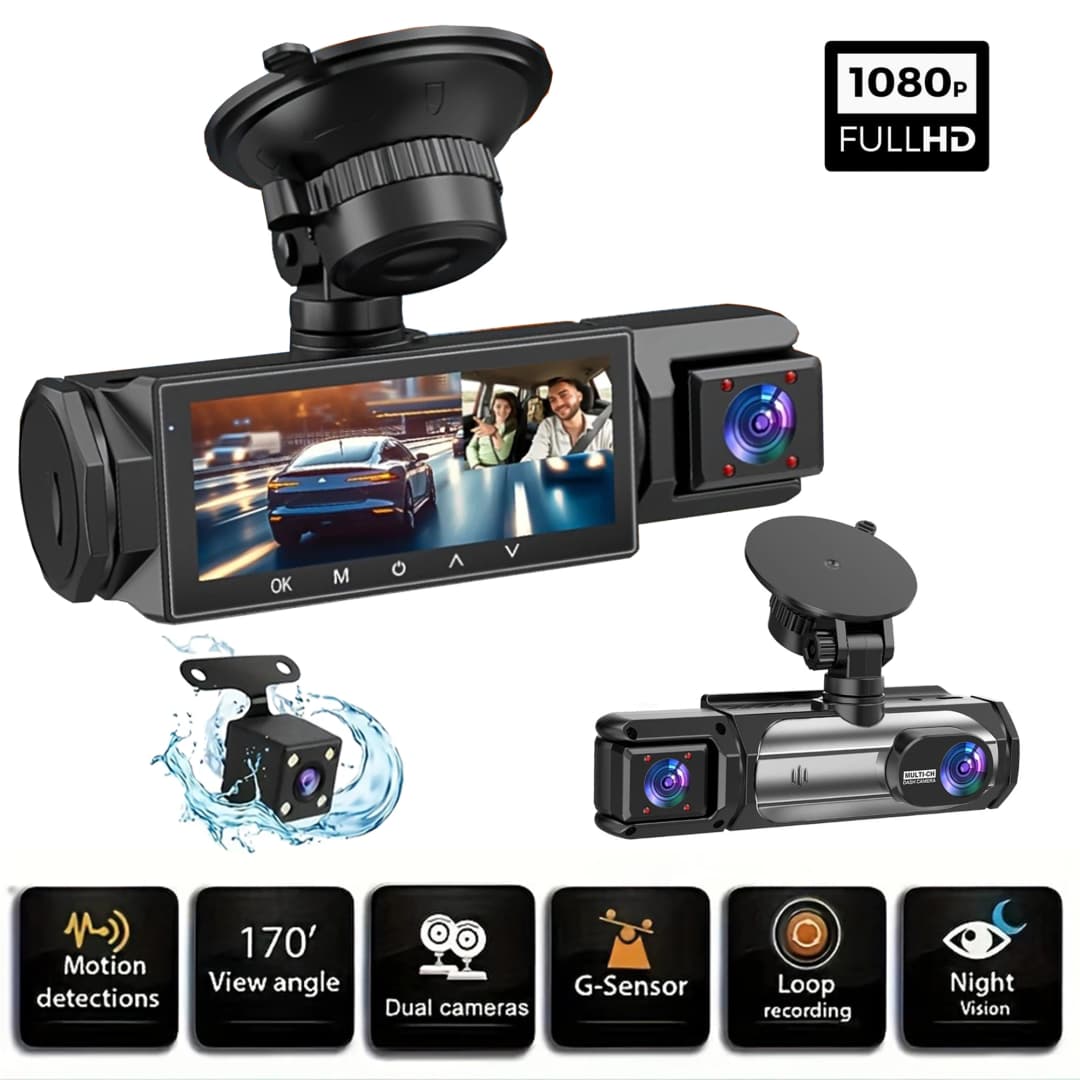 3 كاميرات داش كام 1080P كاميرا أمامية وخلفية للرؤية الليلية ومراقبة وقوف السيارات سيارة DVR مسجل فيديو ثلاثي الاتجاهات مع هدية