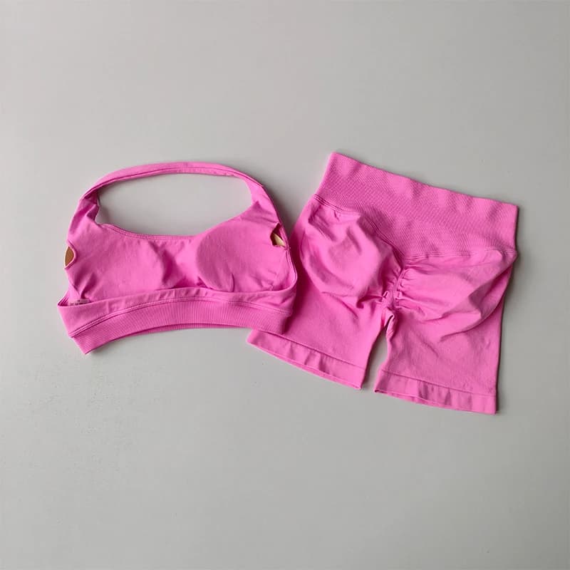 Sexy Halter Neck Beautiful Back High Waist Peach Sports Bras Shorts Suit Pilates Gathering Yoga Vest Training Fitness Bra Sets - 4