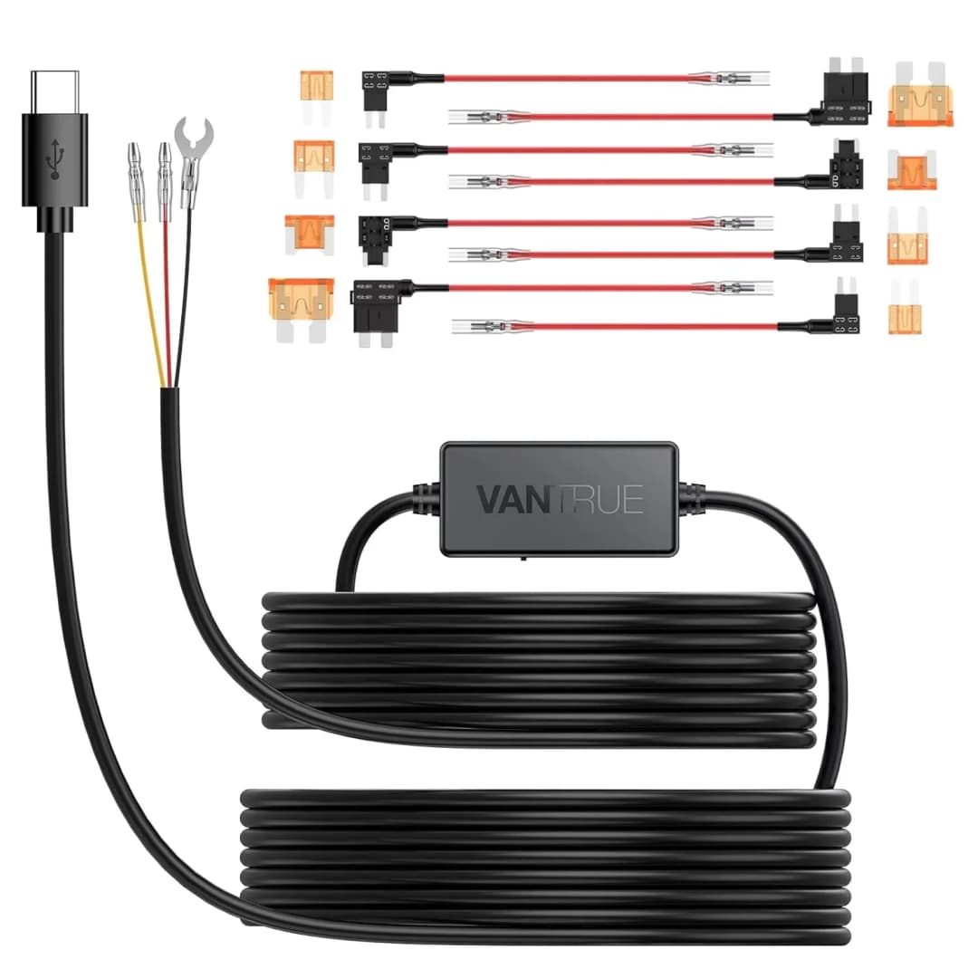 Vantrue كابل Type-C بطول 11.5 قدم، تحويل 12V/24V إلى 5V، مجموعة أسلاك صلبة مع حماية الجهد المنخفض لجميع كاميرات Vantrue
